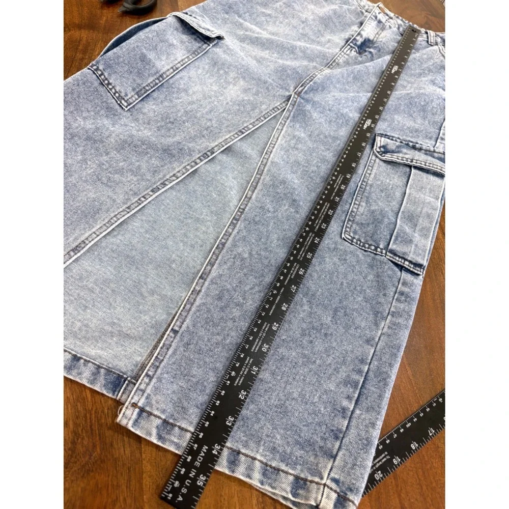 Light Wash Front Slit Cargo Denim Maxi Skirt Women Size 7 Y2K Grunge Streetwear